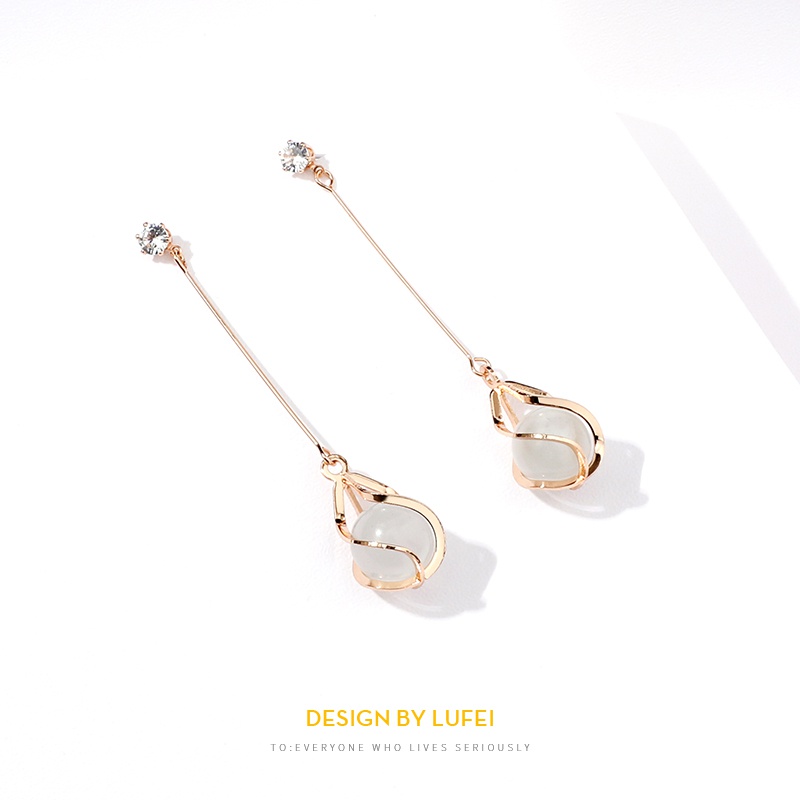 Đôi khuyên tai dáng dài đính đá mắt mèo mẫu 2023 phong cách Hàn Quốc thời trang dành cho nữ