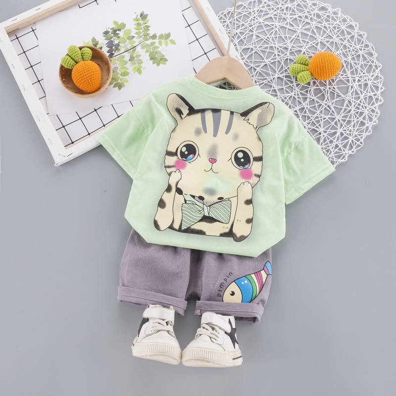 Set áo thun ngắn tay cổ tròn + quần short đáng yêu cho bé trai