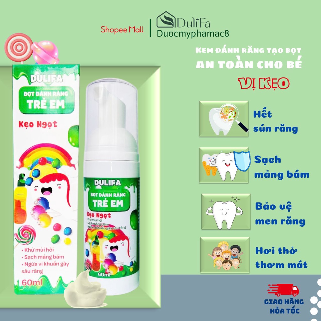 Kem đánh răng cho bé nuốt được tạo bọt Dulifa hương kẹo ngọt, thơm miệng, sạch mảng bám, giảm sâu răng 60ml