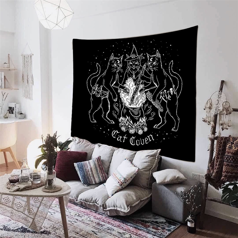 Thảm Treo Tường Trang Trí Hình Mèo / Bài Tarot / Hoa Mandala Bohemia Màu Vàng Kim