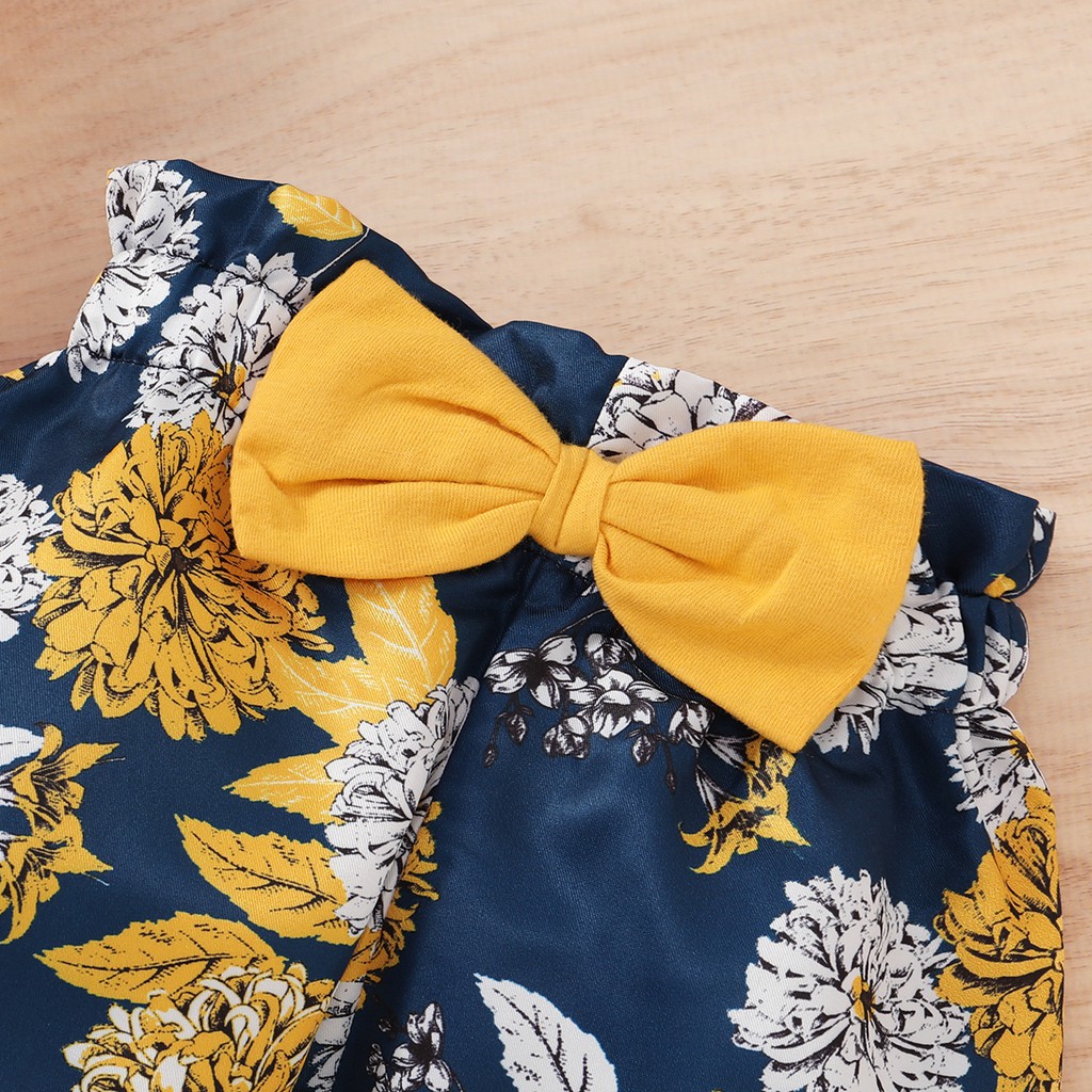 Set quần áo 3 món Mikrdoo gồm áo liền quần ngắn tay màu vàng + quần dài in hoa kèm băng đô thời trang cho bé gái