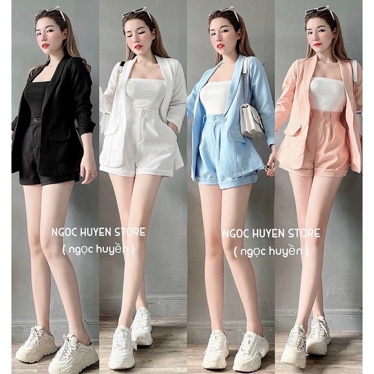 Sét bộ thời trang nữ mặc đi chơi chất for cổ vest kèm lót cotton mix quần đùi xinh