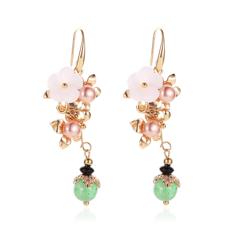 Khuyên Tai Dáng Dài Đính Hoa Và Ngọc Trai Phong Cách Trung Hoa