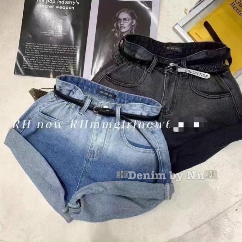Quần short jean loang màu xanh và khói kèm đai cho nữ