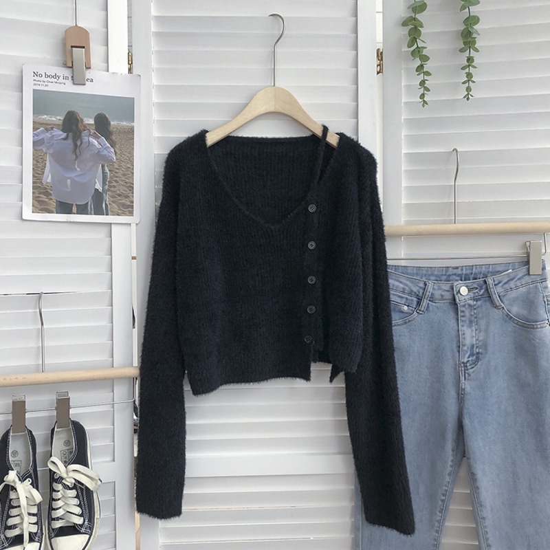 Áo len tay dài cổ chữ V dáng ôm phong cách Hàn Quốc thời trang