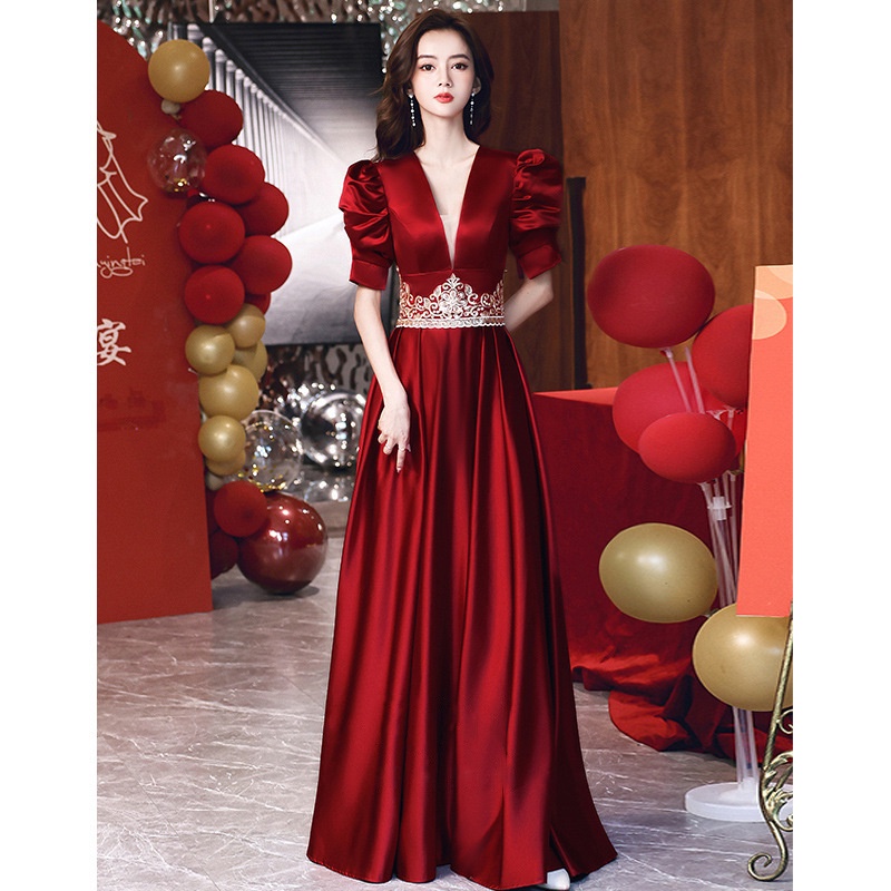 Đầm Dự Tiệc Vải Satin Tay Ngắn Dáng Ôm Dài Màu Đỏ Thời Trang Sang Trọng Cho Nữ