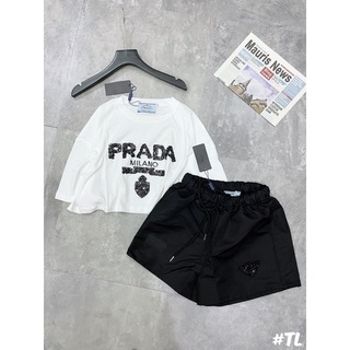 Set áo phông quần thô prada đính đá hạt lựu