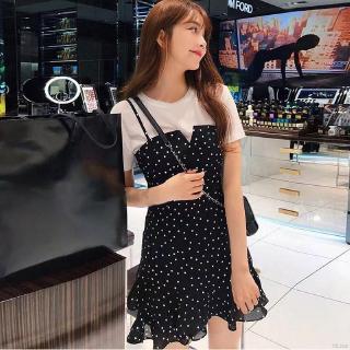 Set áo tay ngắn+váy yếm chấm bi thời trang ngọt ngào xinh xắn