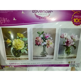 tranh thêu chữ thập vũ khúc hoa và bình kt 123x59cm