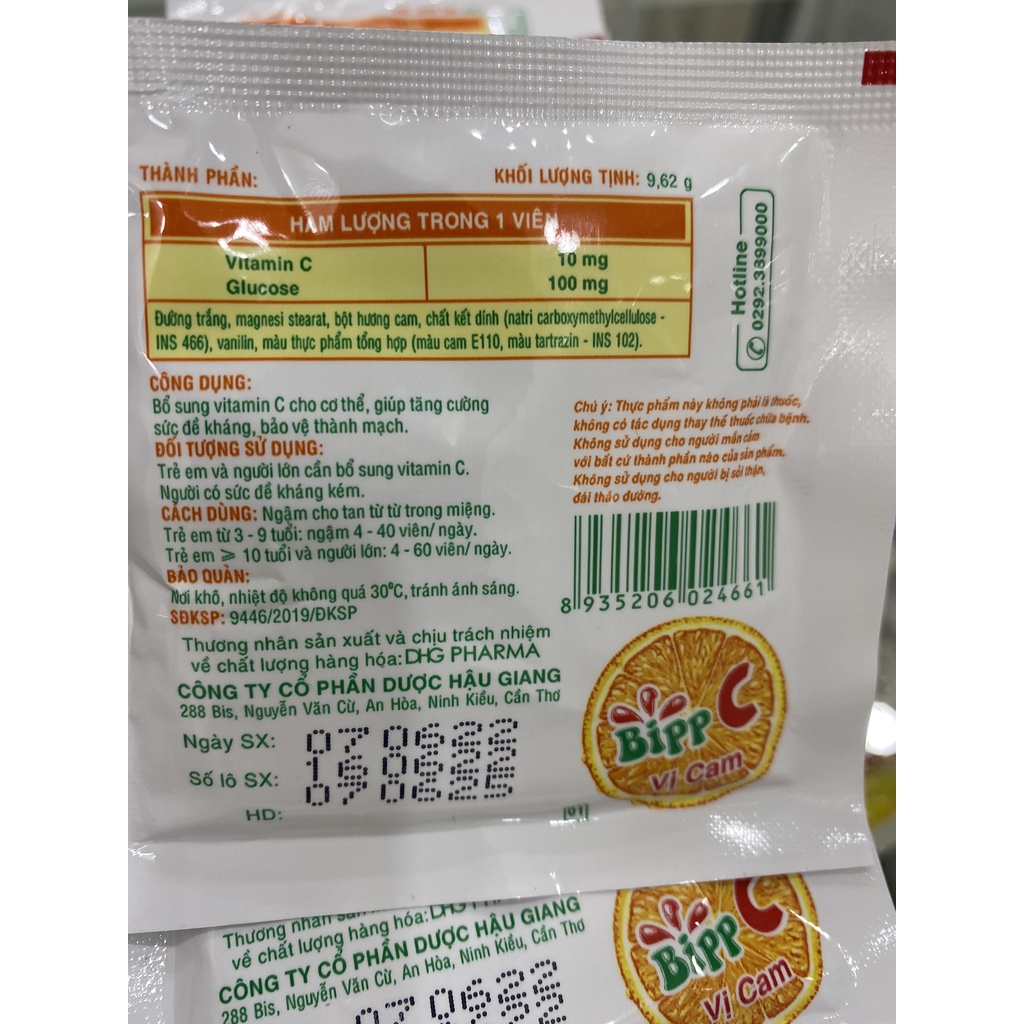 Viên ngậm Bipp C vị cam hộp 35 gói giúp bổ sung vitamin C, tăng đề kháng cho cơ thể trẻ em và người lớn