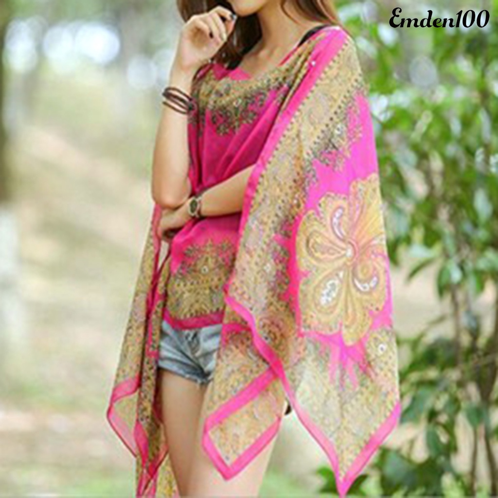 EMDEN Khăn Choàng Bikini Đi Biển Vải Chiffon In Hoa Kiểu Vintage Đa Năng Chống Nắng Cho Nữ