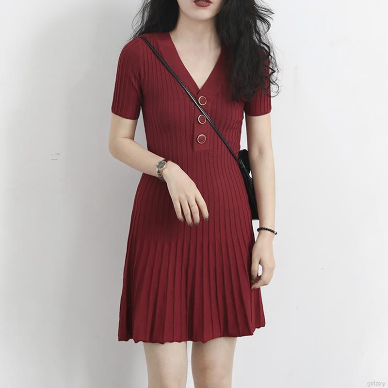 Đầm Dệt Kim Tay Ngắn Cổ Chữ V Màu Sắc Đơn Giản Phong Cách Hàn Quốc Thời Trang Cho Nữ