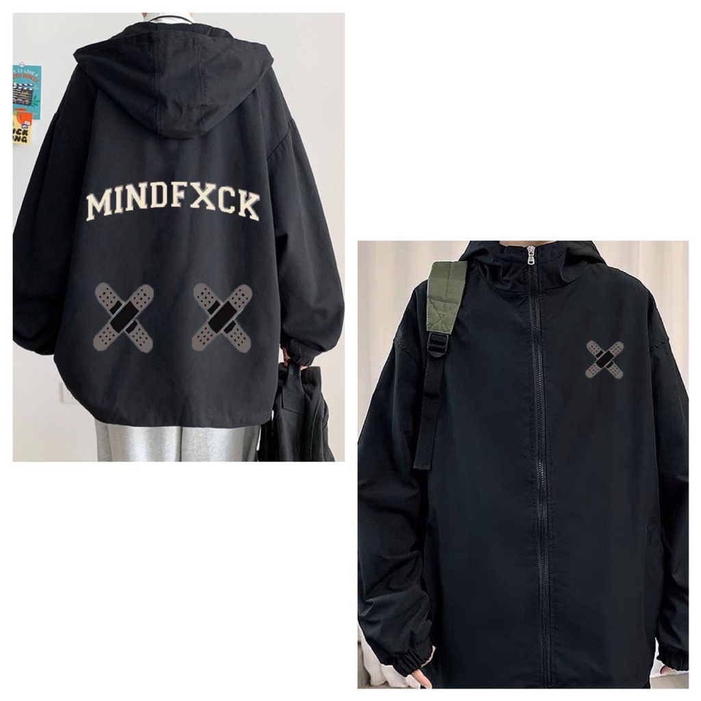 Áo khoác dù nam nữ đều mặc được dáng rộng Họa tiết MINDF băng keo dáN độc lạ ulzzang