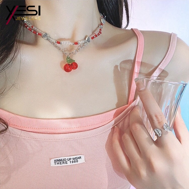 Vòng cổ Chuỗi Hạt Mặt Hình Trái Cherry Đỏ Thời Trang Cho Nữ
