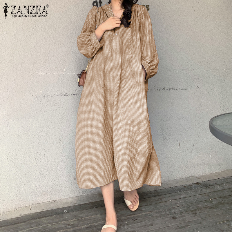 Đầm ZANZEA Dáng Dài Tay Lửng Cổ Chữ V Họa Tiết Caro Thời Trang Dành Cho Nữ | BigBuy360 - bigbuy360.vn