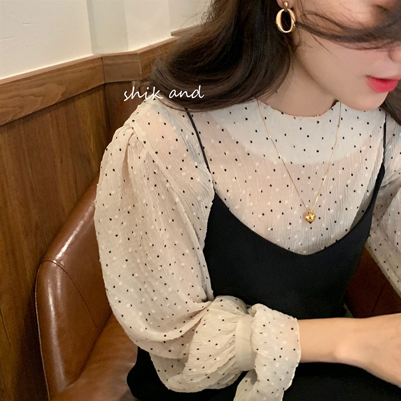 (ORDER) Set Váy yếm hai dây dáng ngắn A-line đơn giản+ Áo sơ mi voan chấm bi nhẹ nhàng Hàn Quốc tiểu thư (HÀNG MỚI 2020)