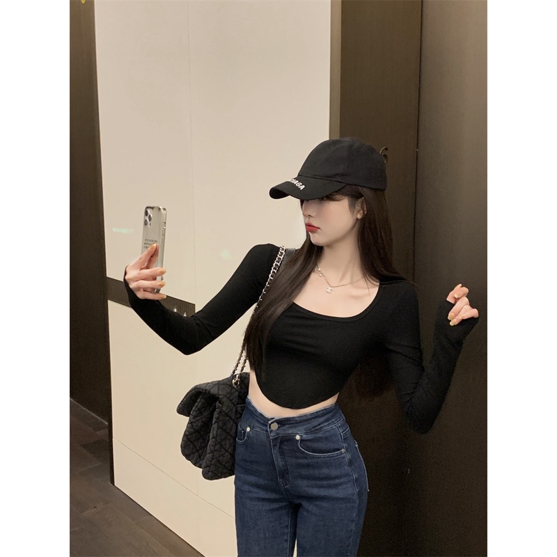 Cocory vn Áo croptop tay dài màu trơn dáng ôm thời trang quyến rũ thích hợp cho nữ