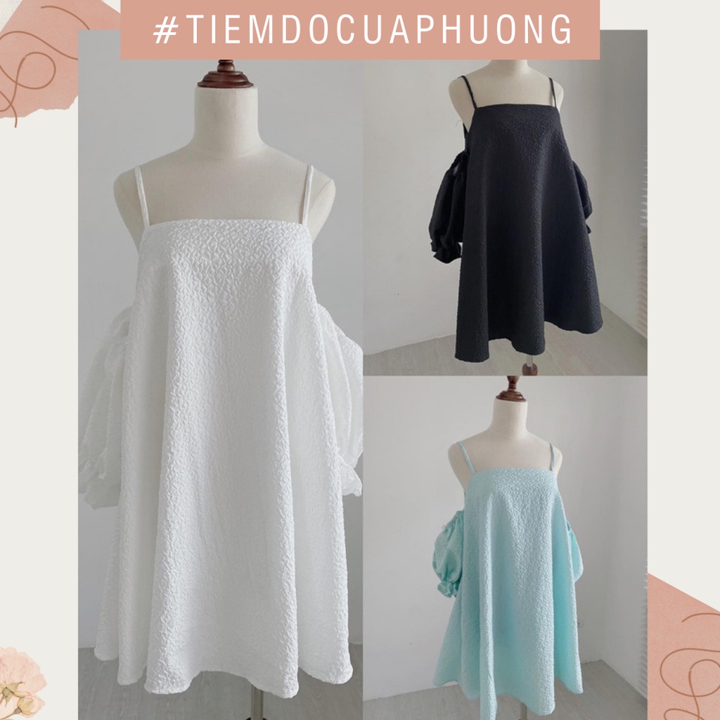 Váy/Đầm trễ vai hai dây tay bồng chất gấm mỏng dáng suông siêu xinh