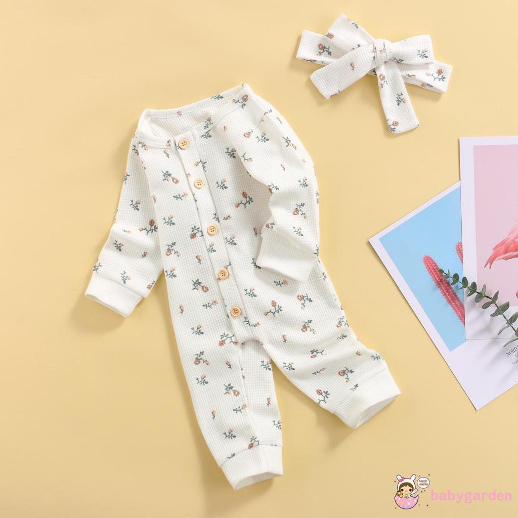 Bộ Áo Liền Quần Tay Dài Cổ Tròn In Hoa + Băng Đô Cài Tóc Thời Trang Mùa Thu Cho Bé Gái 0-18 Tháng Tuổi