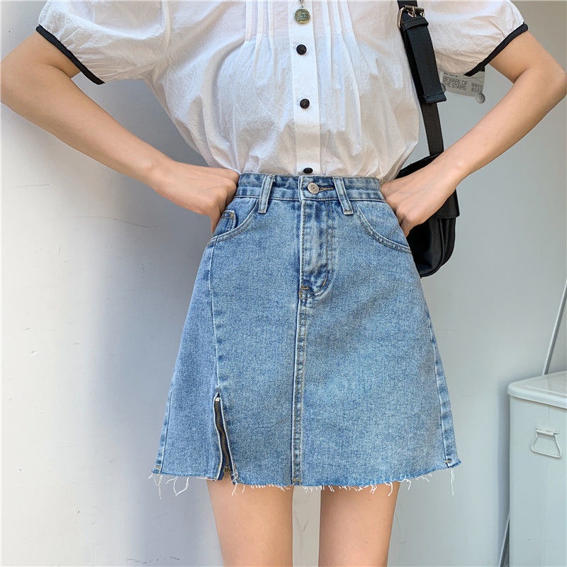 SUXI Chân váy jean Chữ A Lưng Cao Màu Sắc Đơn Giản Phong Cách Vintage