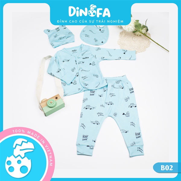 Set 4 món cho trẻ sơ sinh DINOFA màu xanh, họa tiết ô tô, cúc thẳng dành cho bé 0-3 tháng tuổi_B02