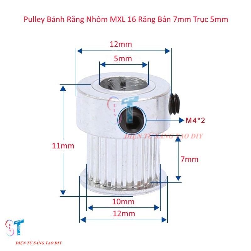 Pulley Bánh Răng Nhôm MXL 16 Răng Bản Rộng Đai 7mm Trục 5mm