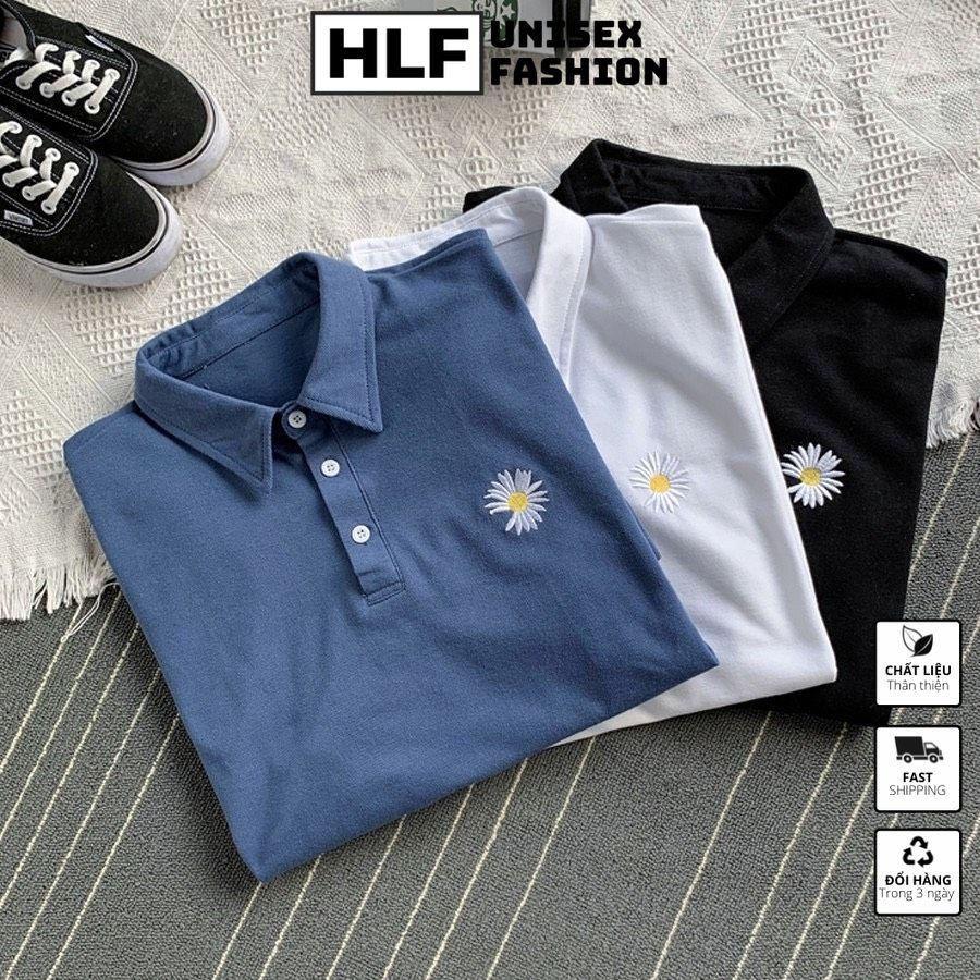 Áo thun polo cổ trụ thêu hoa cúc bên ngực, áo thun có cổ HLFashion