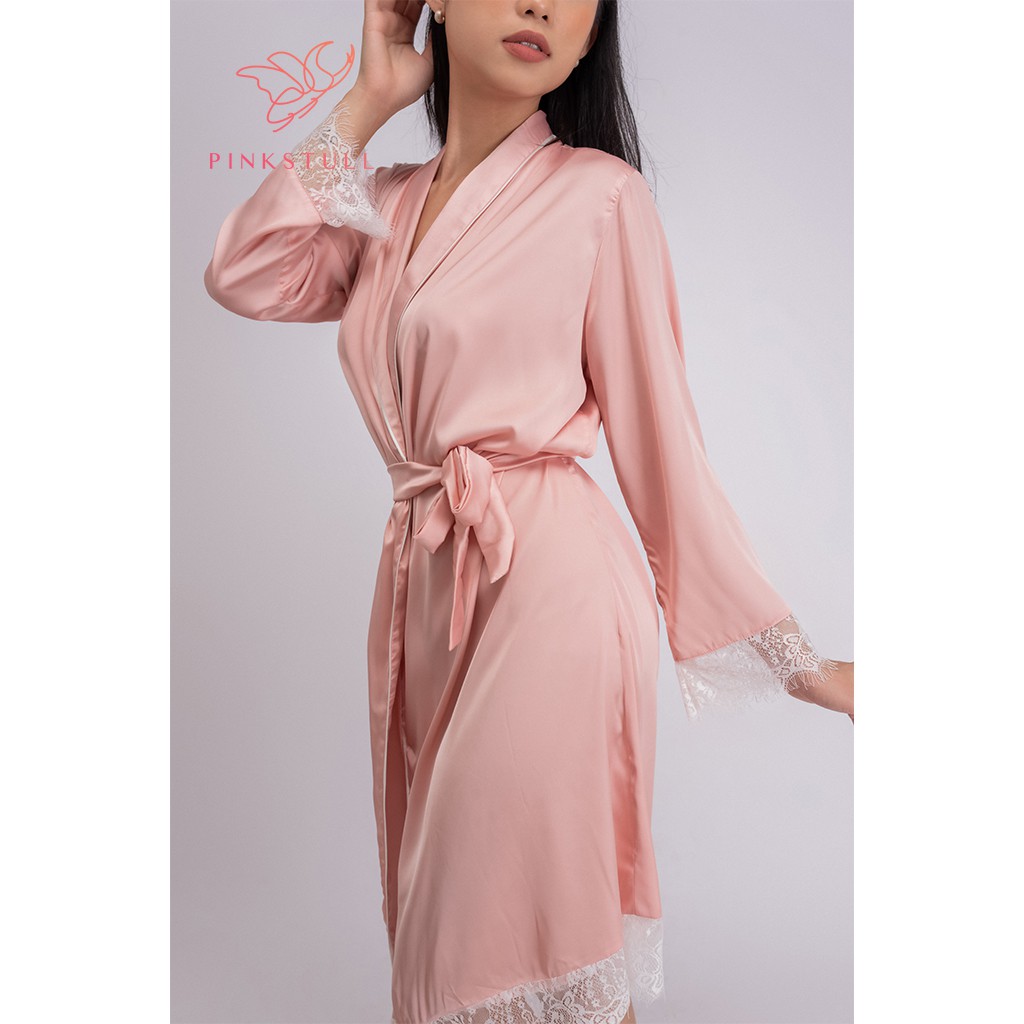 [Mã FAMALLT5 giảm 15% đơn 150k] Áo choàng lụa Pijamas Pink Stull trơn màu hồng và trắng- ren trắng Freesize