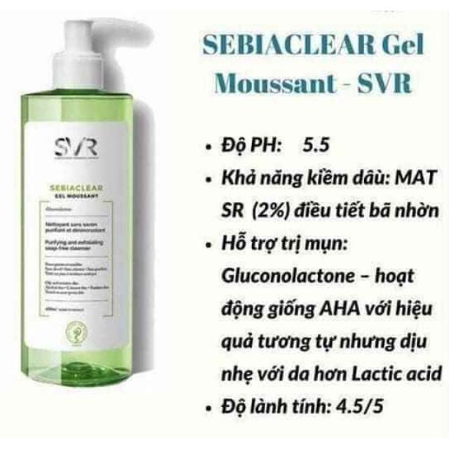 Sữa Rửa Mặt SVR Cho Da Dầu Mụn - SVR Sebiaclear Gel Moussant 55ml-200ml-400ml Loại Bỏ Tế Bào Da Chết - Bebeau