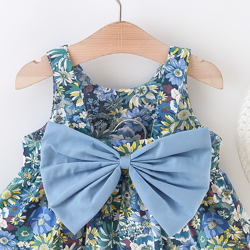 Đầm không tay đính nơ in họa tiết xinh xắn thời trang mùa hè cho bé gái từ 9 tháng đến 3 tuổi