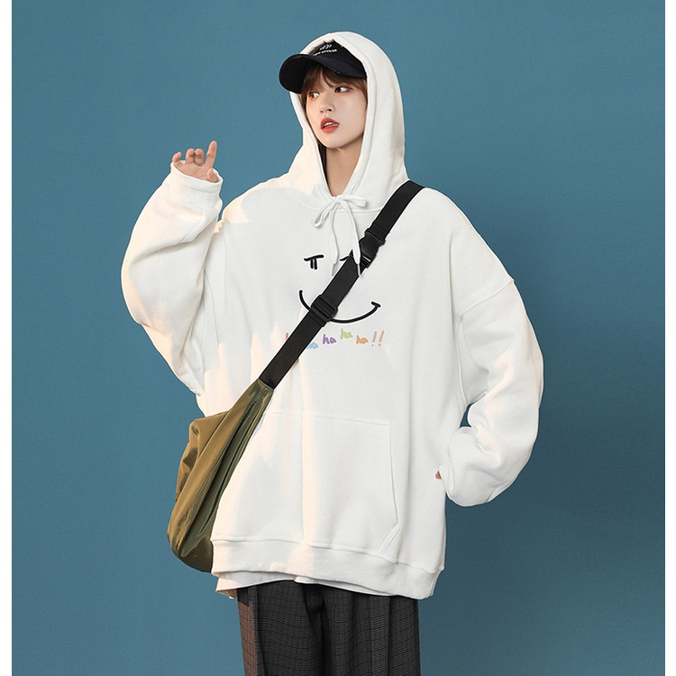 Áo Hoodie Dáng Rộng In Hình Mặt Cười Phong Cách Retro Cho Nữ