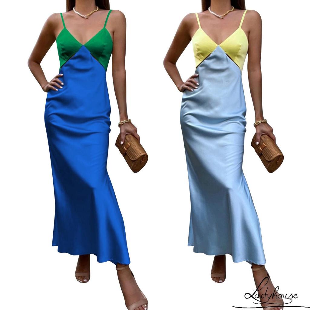 Đầm Dài Hai Dây Cổ Chữ V Màu Sắc Tương Phản Thời Trang Mùa Hè Dành Cho Nữ