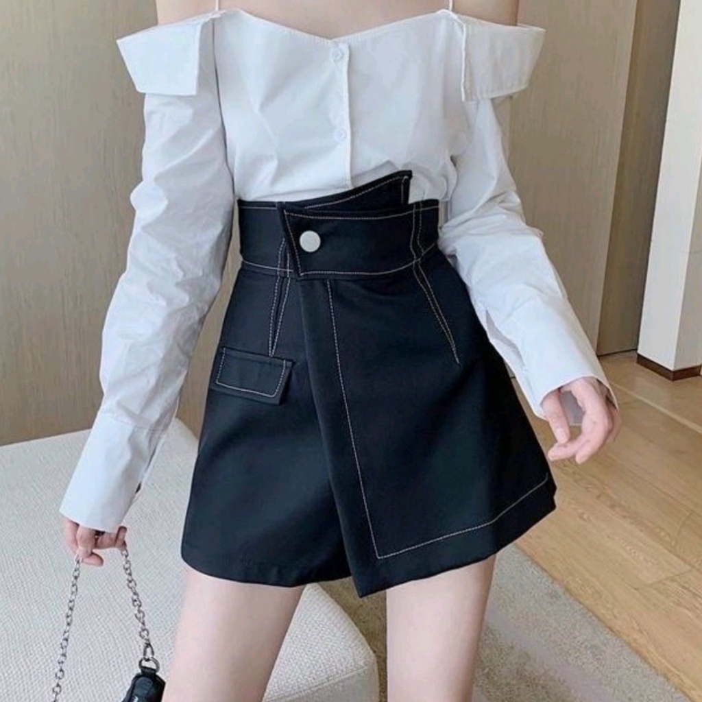 Quần Short Đùi Giả Váy Nữ Beveda Chỉ Nổi Lưng Cạp Cao Tà Trước Xếp Lệch | BigBuy360 - bigbuy360.vn