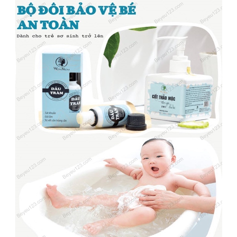 Bộ đôi bảo vệ Bé an toàn Wonmom (1 Sữa tắm gội thảo mộc 2in1 + 1 Dầu tràm nguyên chất)