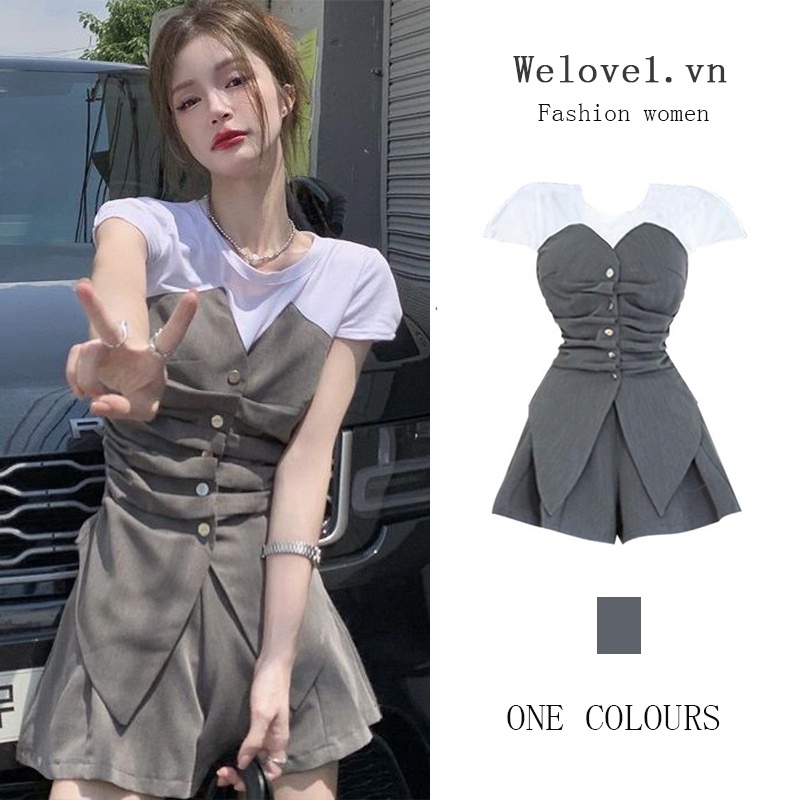QOEDDV Set Áo Kiểu Xếp Ly Phối Quần Short Giả Hai Lớp Thời Trang Cá Tính Cho Nữ