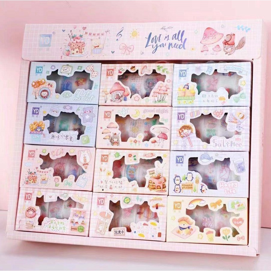 Hộp 5 cuộn băng keo washi nhiều hình hoạt hình dễ thương trang trí sổ tay nhiều chủ đề CREAMY