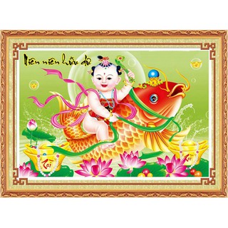 Tranh thêu chữ thập em bé cưỡi cá chép 222847