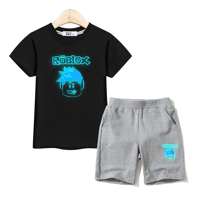 Bộ đồ 2 món áo thun in hình Roblox màu dạ quang + quần short vải cotton thời trang mùa hè cho bé trai