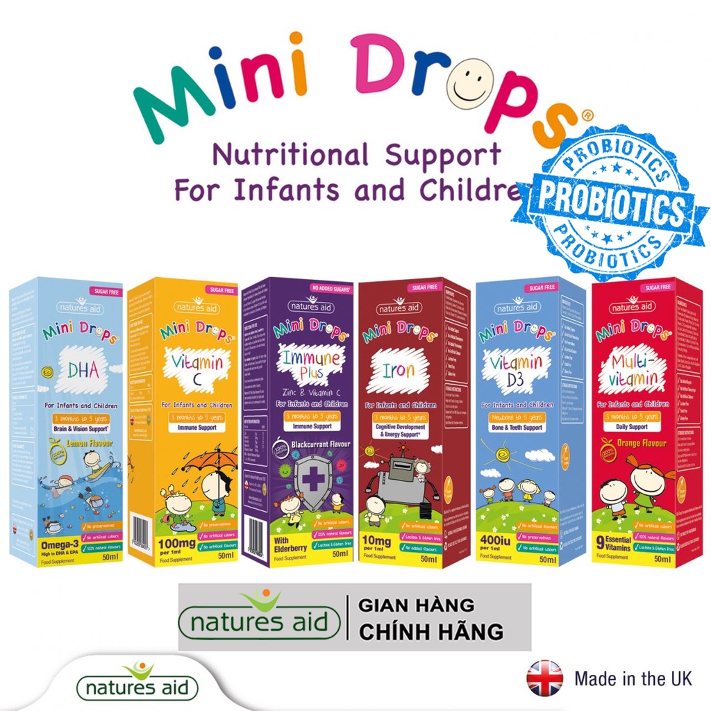 Mini drops cho bé của Natures Aid (sắt, vtm D3 drops, DHA drops, Multi tổng hợp,immune plus tăng đề kháng)