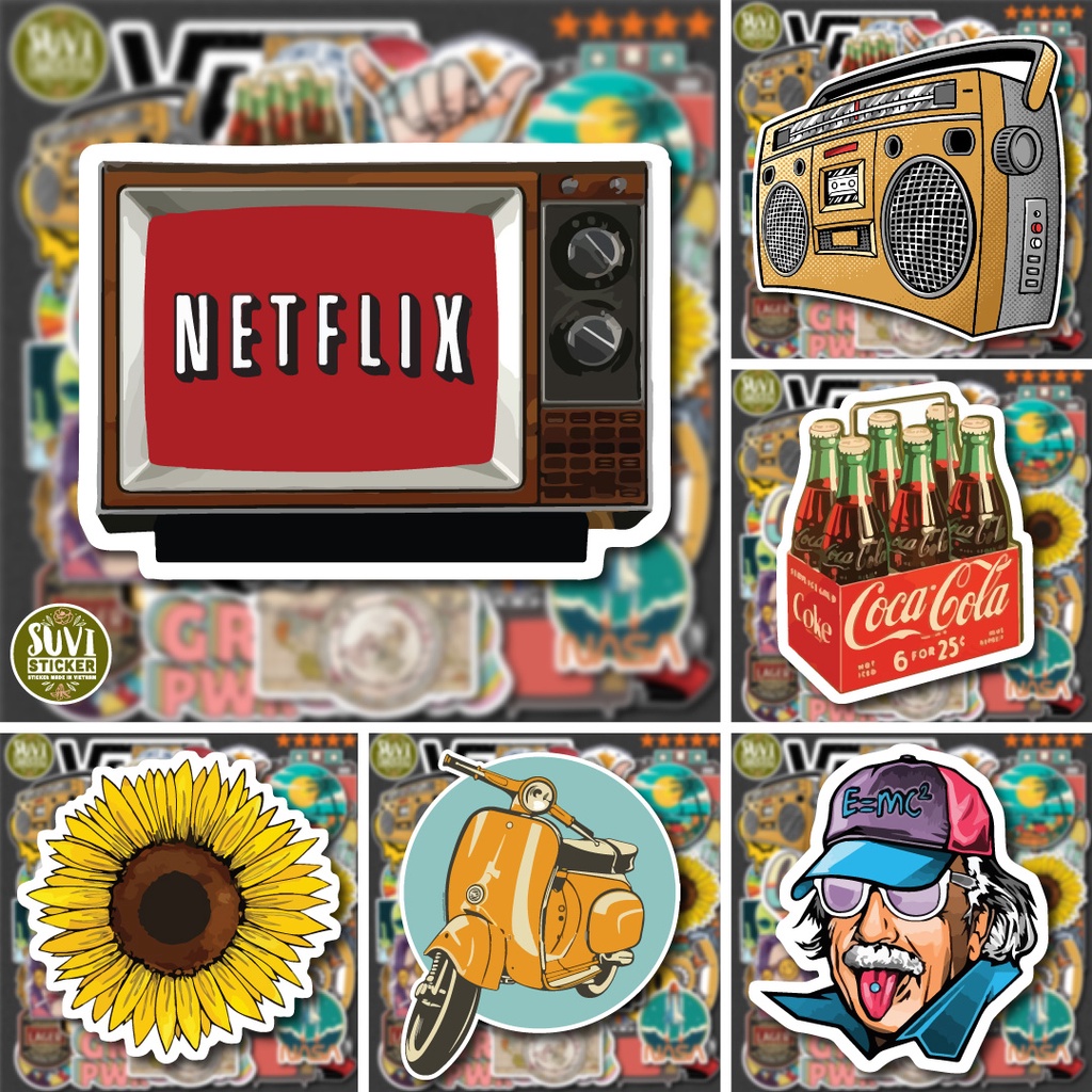 50 Sticker Vintage Mix chống nước sticker dán mũ bảo hiểm, laptop, điện thoại, đàn guitar, vali. MSP: SV33