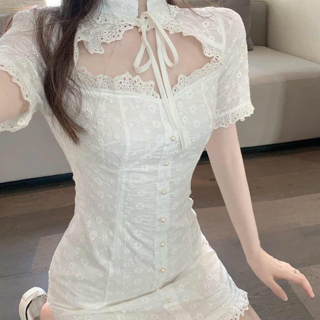 ( ORDER ) Đầm trắng phối ren khoét ngực Ulzzang AK898 ảnh thật ở cuối | BigBuy360 - bigbuy360.vn