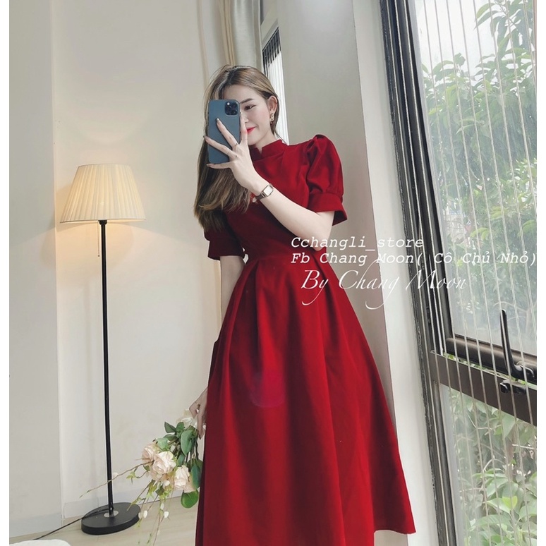 Váy nhung đỏ đô( ảnh shop chụp)