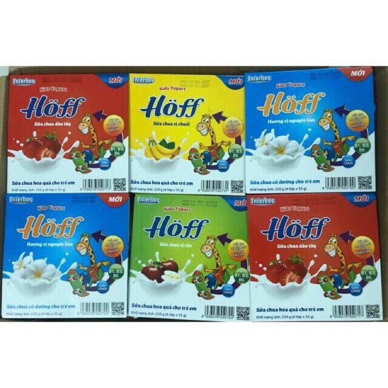 Sữa Chua dinh dưỡng Hoff cho bé vỉ 4 hộp x 55g các vị Dâu/Chuối/Táo/Trắng/Lên men/Pho Mai (Date T7/21)