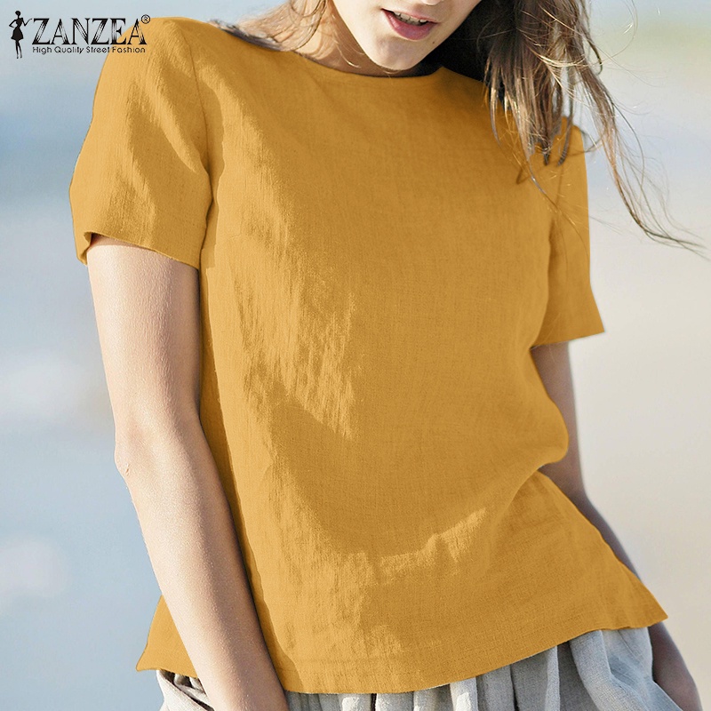 Áo ZANZEA tay ngắn cổ tròn cài nút sau thời trang phong cách Châu Âu cho nữ
