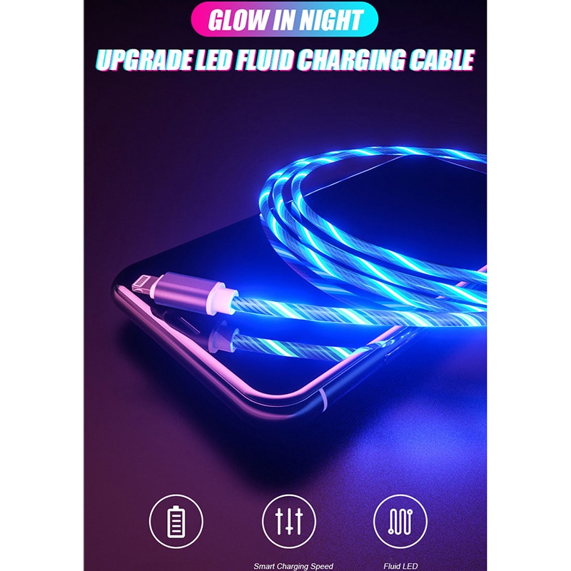 1M/2M Charging Mobile Phone Cable USB Type C Flow Lighting Data Wire For Samsung Huawei Xiaomi LED Micro Cable