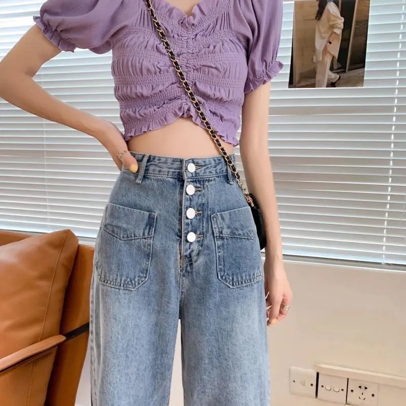 Quần Jean Nữ Màu Xanh Cạp Cao Ống Suông, Quần Bò Ống Đứng Cài Cúc Có Túi Chất Denim Jean Loại 1 Hàng Quảng Châu