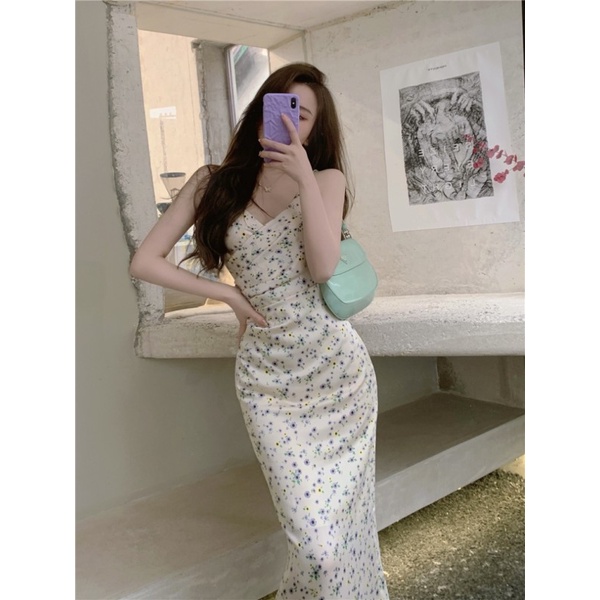 QKOOLE  Đầm Dài Dáng Chữ A Họa Tiết Hoa Phong Cách Hàn Quốc