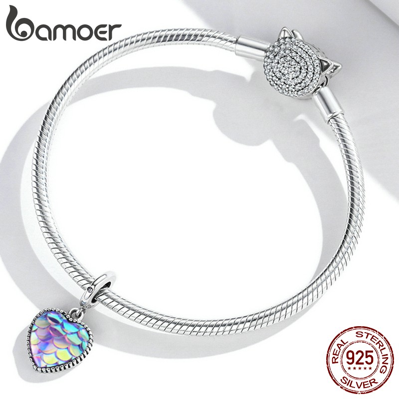 Hạt phụ kiện Bamoer Scc2007 bằng bạc 925 họa tiết trái tim và vảy cá dùng để tự làm vòng đeo tay và dây chuyền 4.5mm