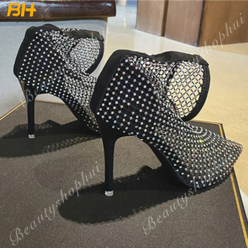 Giày Boot Cao Gót Mũi Nhọn Phối Lưới Đính Đá Thời Trang Dành Cho Nữ