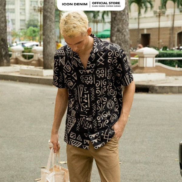Áo Sơ Mi Nam Tay Ngắn Cổ Danton Họa tiết Biểu Tượng Tribal Doodle Vải Chun Chéo Mềm Mát ICON DENIM | BigBuy360 - bigbuy360.vn
